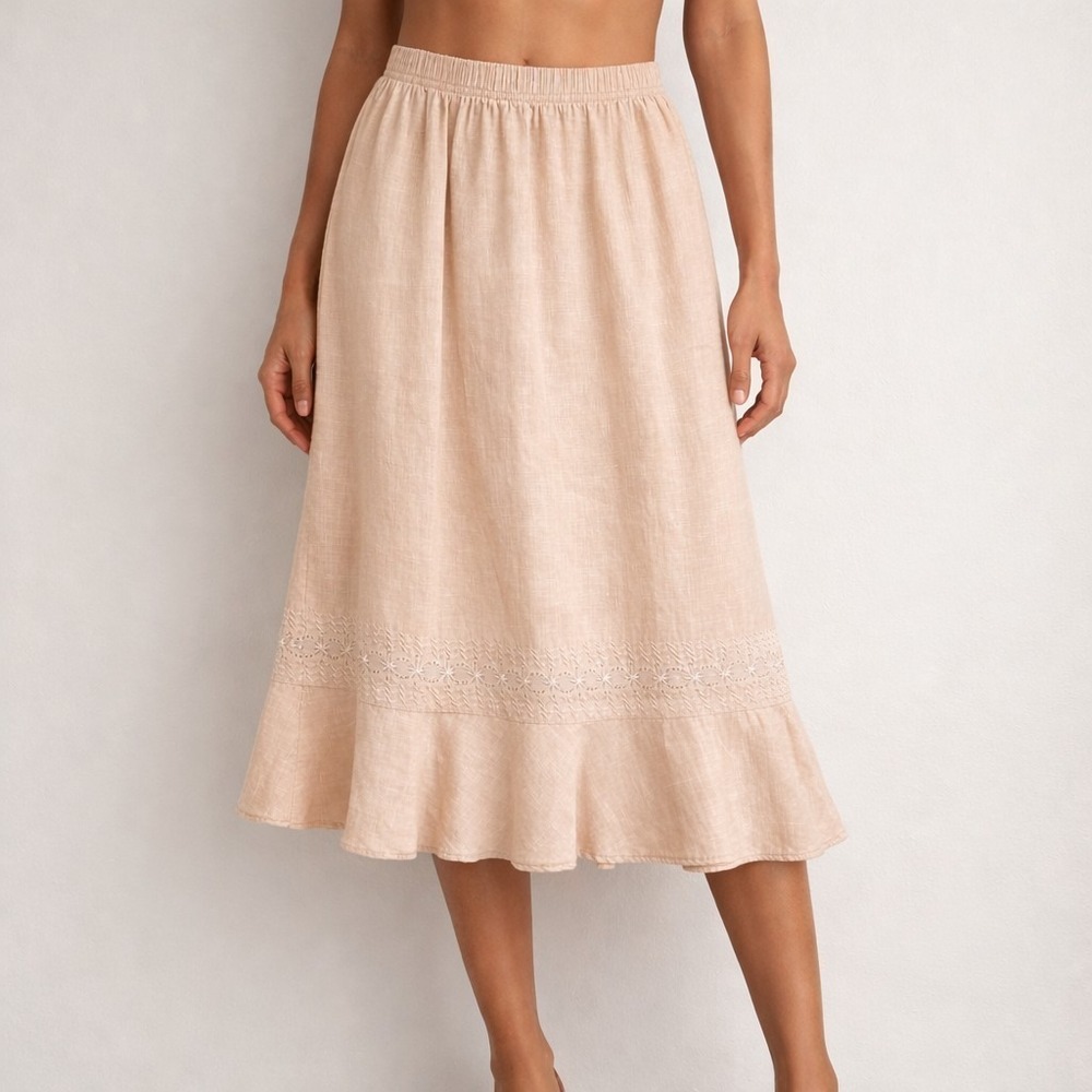 TWO STAR DOG Size Large 100% Linen Embroidered Peplum Pull-On Boho Cottage Skirt